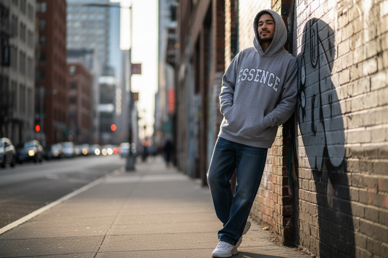 Someone posing in a hoodie with the word Essence on the front 