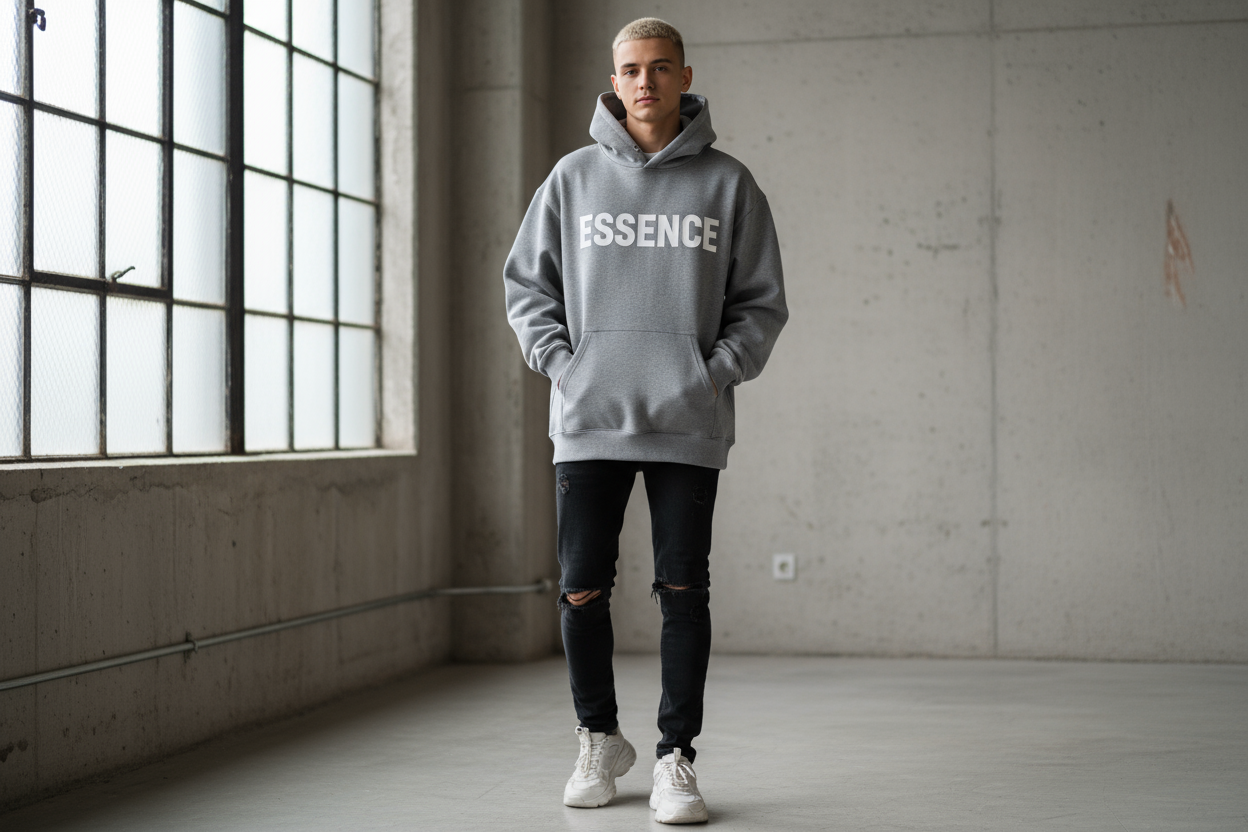 Someone wearing a hoodie that says Essence on the front 